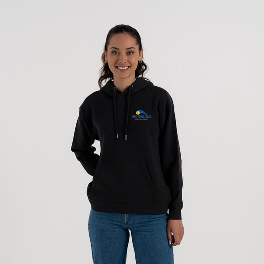 Hibiscus Coast Pickleball Origin Hoodie - Ladies - Black with Small Coloured Logo