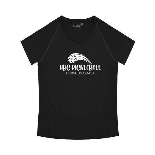 Hibiscus Coast Pickleball XT Performance Playing Shirt - Ladies - Black - With Large White Logo