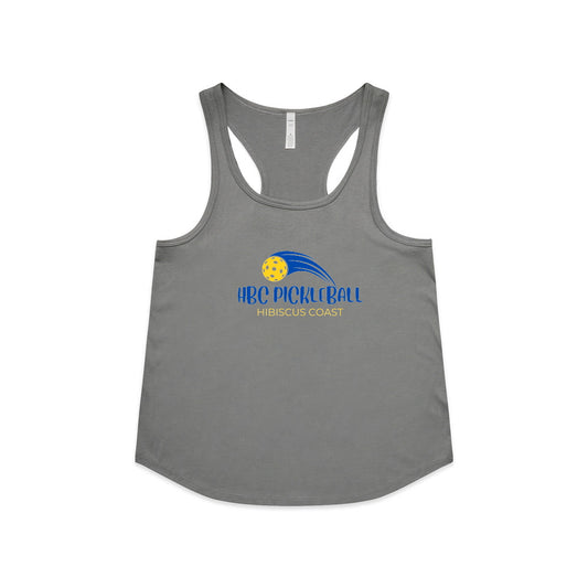 Hibiscus Coast Pickleball Maple Active Blend Racerback Singlet - Ladies - Grey Marle - With Large Coloured Logo