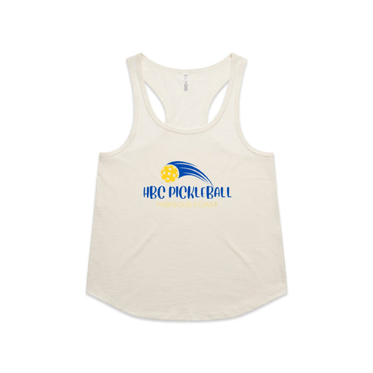 Hibiscus Coast Pickleball Maple Active Blend Racerback Singlet - Ladies - Ecru White - With Large Coloured Logo