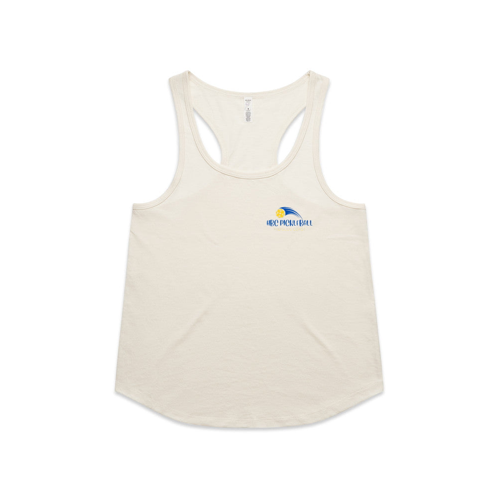 Hibiscus Coast Pickleball Maple Active Blend Racerback Singlet - Ladies - Ecru White - With Small Coloured Logo