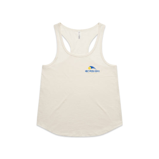 Hibiscus Coast Pickleball Maple Active Blend Racerback Singlet - Ladies - Ecru White - With Small Coloured Logo