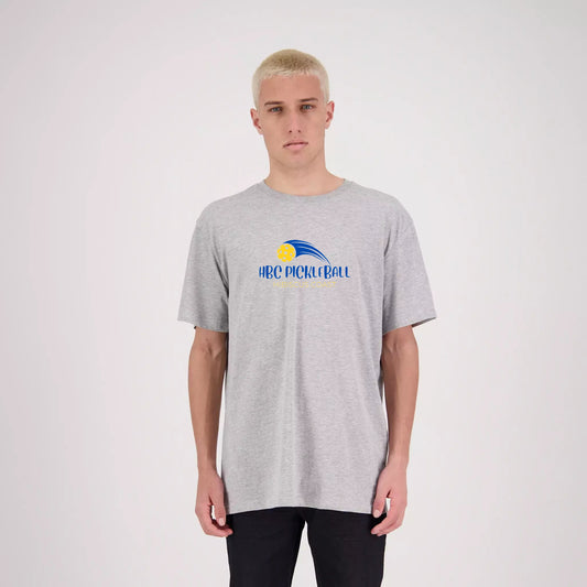 Hibiscus Coast Pickleball Outline Lifestyle T-Shirt - Mens - Grey Marle with Large Coloured Logo