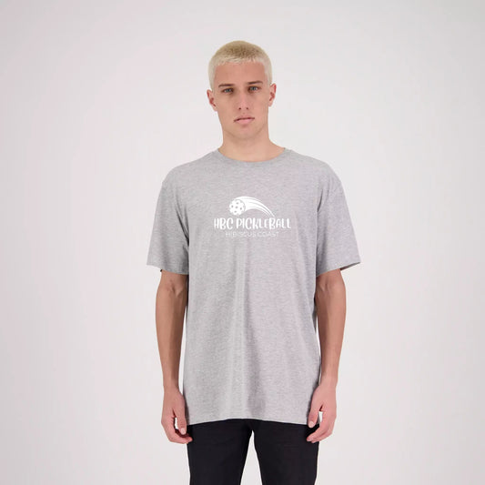 Hibiscus Coast Pickleball Outline Lifestyle T-Shirt - Mens - Grey Marle with Large White Logo