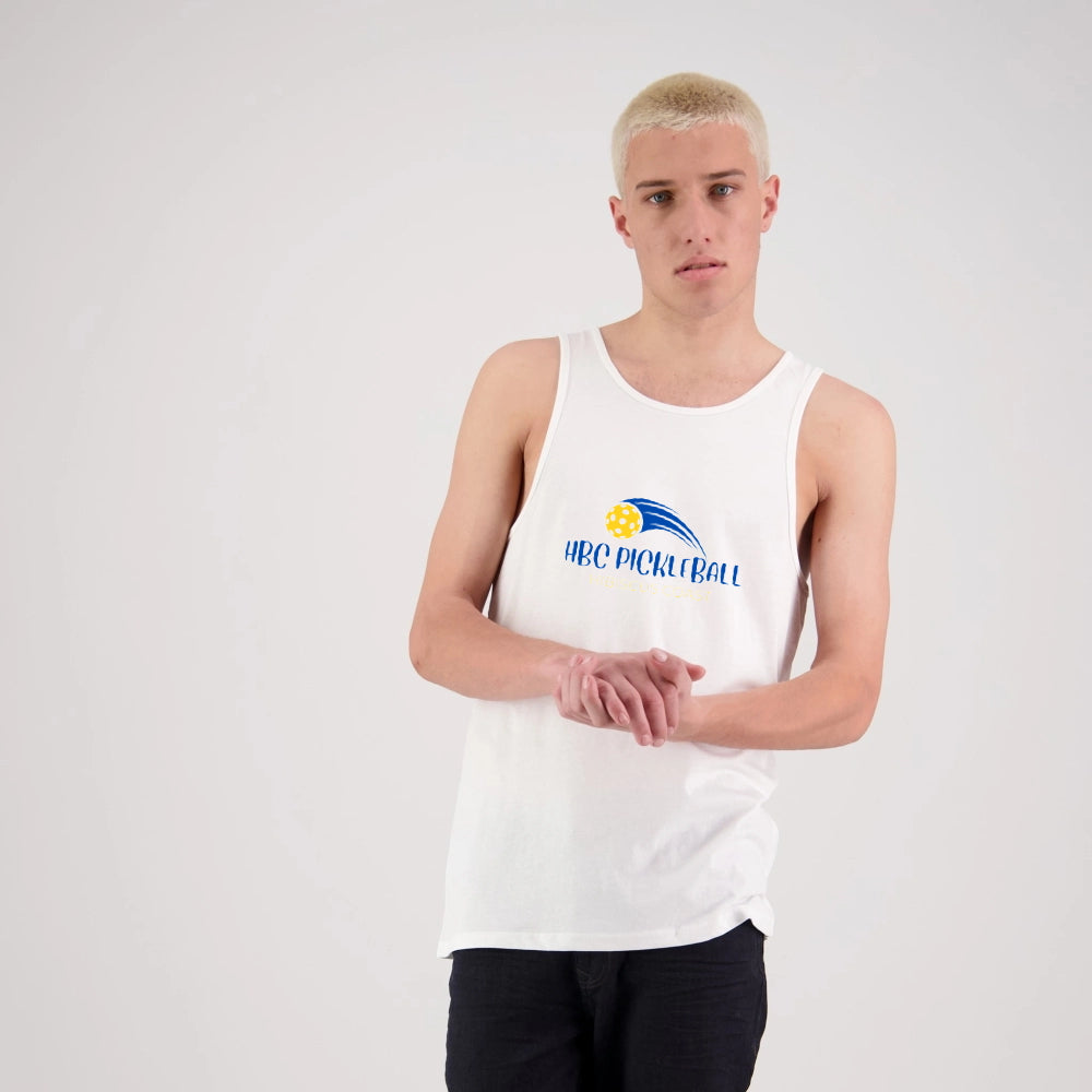 Hibiscus Coast Pickleball Concept Lifestyle Singlet - Mens - White with Large Colour Logo