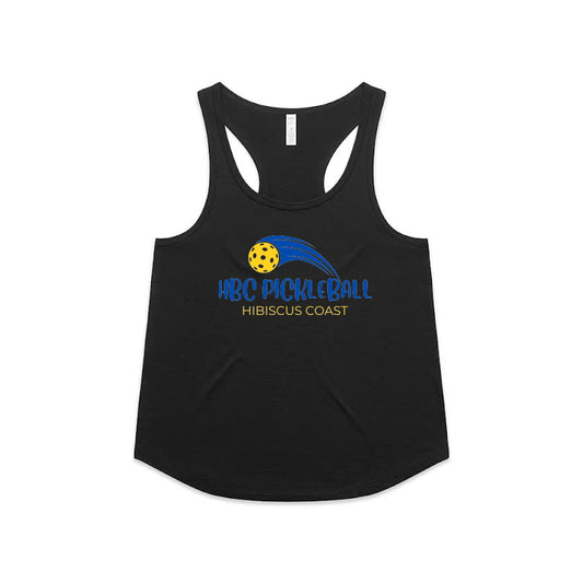 Hibiscus Coast Pickleball Maple Active Blend Racerback Singlet - Ladies - Black - With Large Coloured Logo