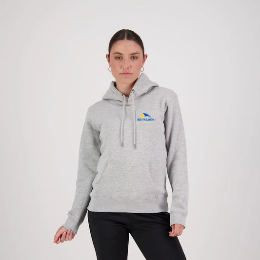 Hibiscus Coast Pickleball Origin Hoodie - Ladies - Grey Marle with Small Coloured Logo