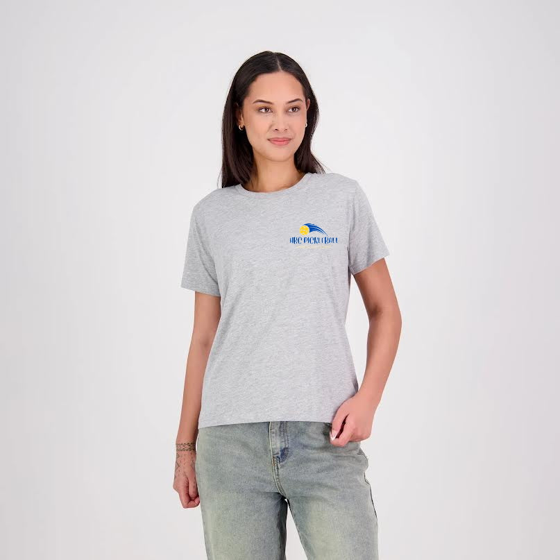 Hibiscus Coast Pickleball Silhouette T-Shirt V2 - Ladies - Grey Marle - With Small Coloured Logo