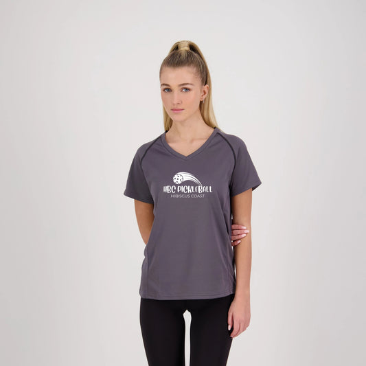 Hibiscus Coast Pickleball XT Performance Playing Shirt - Ladies - Dark Grey - With Large White Logo