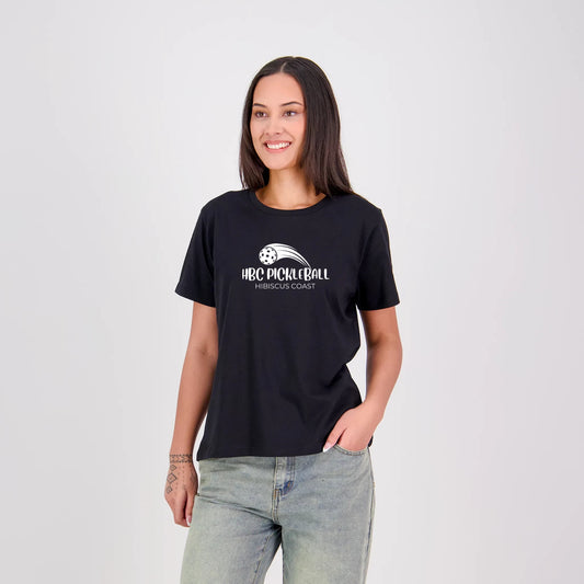 Hibiscus Coast Pickleball Silhouette T-Shirt V2 - Ladies - Black - With Large White Logo
