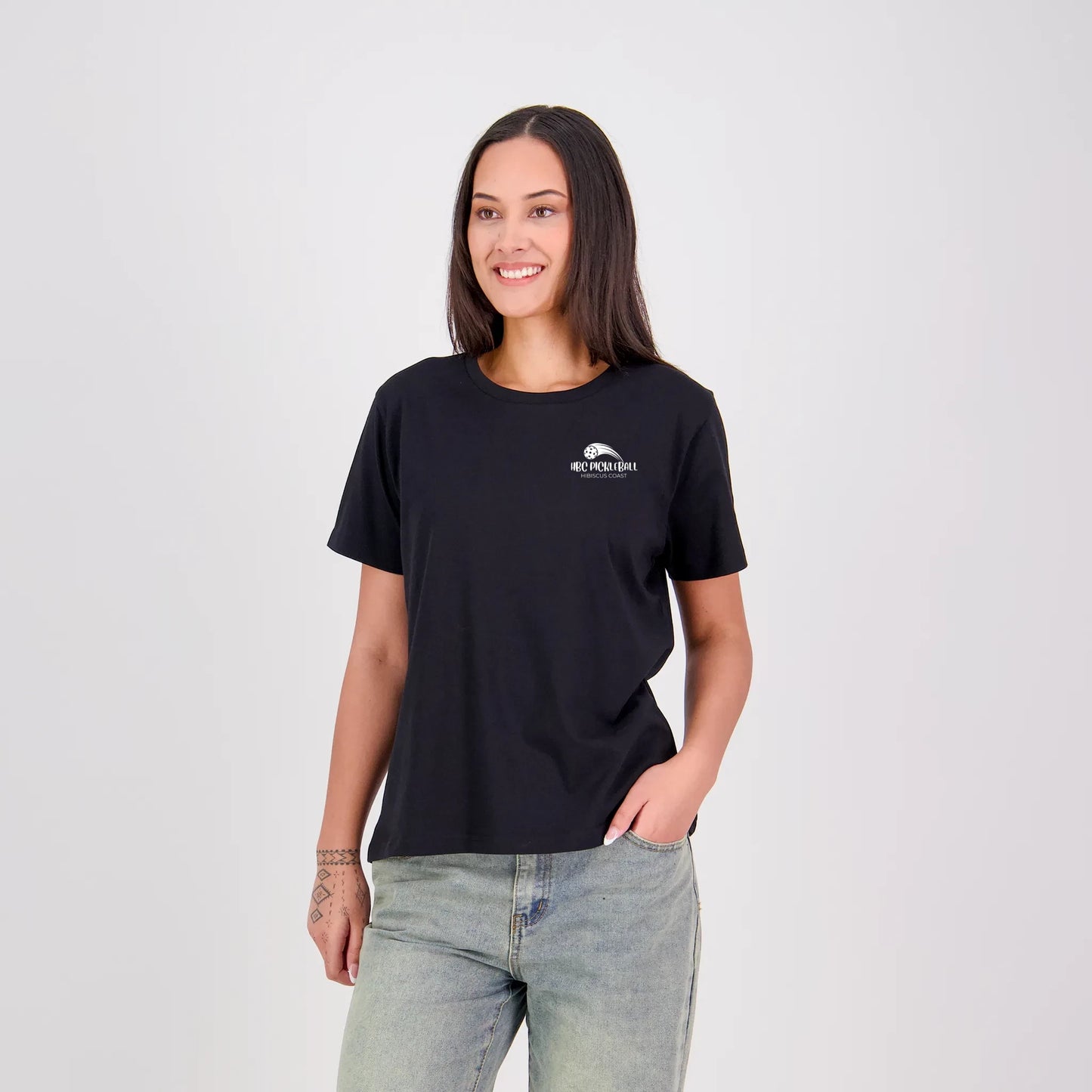 Hibiscus Coast Pickleball Silhouette T-Shirt V2 - Ladies - Black - With Small White Logo