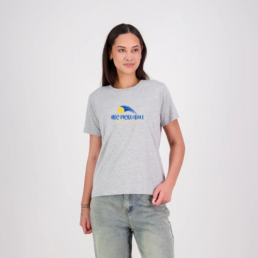 Hibiscus Coast Pickleball Silhouette T-Shirt V2 - Ladies - Grey Marle - With Large Coloured Logo
