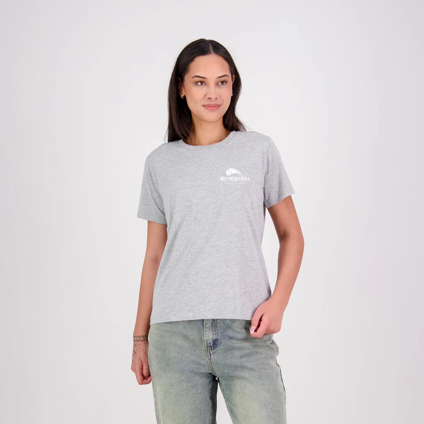 Hibiscus Coast Pickleball Silhouette T-Shirt V2 - Ladies - Grey Marle - With Small White Logo