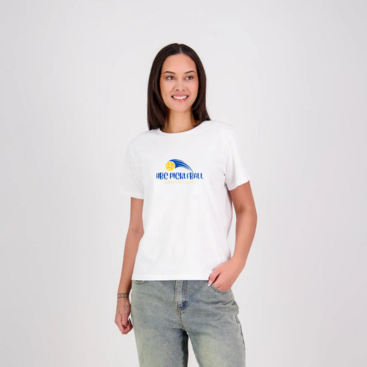 Hibiscus Coast Pickleball Silhouette T-Shirt V2 - Ladies - White - With Large Coloured Logo