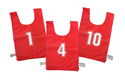 Numbered Sports Bibs Set of 10 - Red (4 Sizes Available)