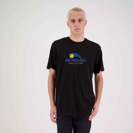 Hibiscus Coast Pickleball Outline Lifestyle T-Shirt - Mens - Black with Large Coloured Logo