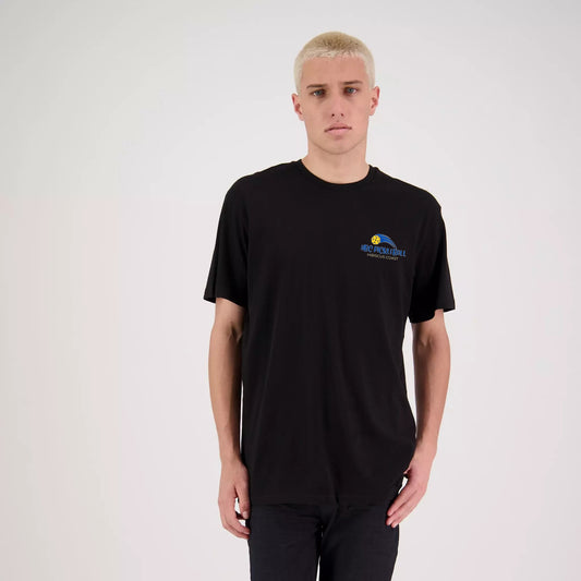 Hibiscus Coast Pickleball Outline Lifestyle T-Shirt - Mens - Black with Small Coloured Logo