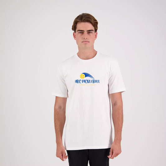 Hibiscus Coast Pickleball Outline Lifestyle T-Shirt - Mens - White with Large Coloured Logo