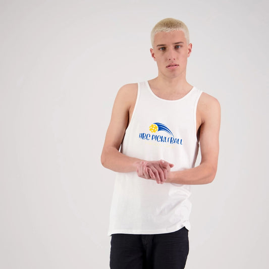 Hibiscus Coast Pickleball Concept Lifestyle Singlet - Mens - White with Large  Colour Logo