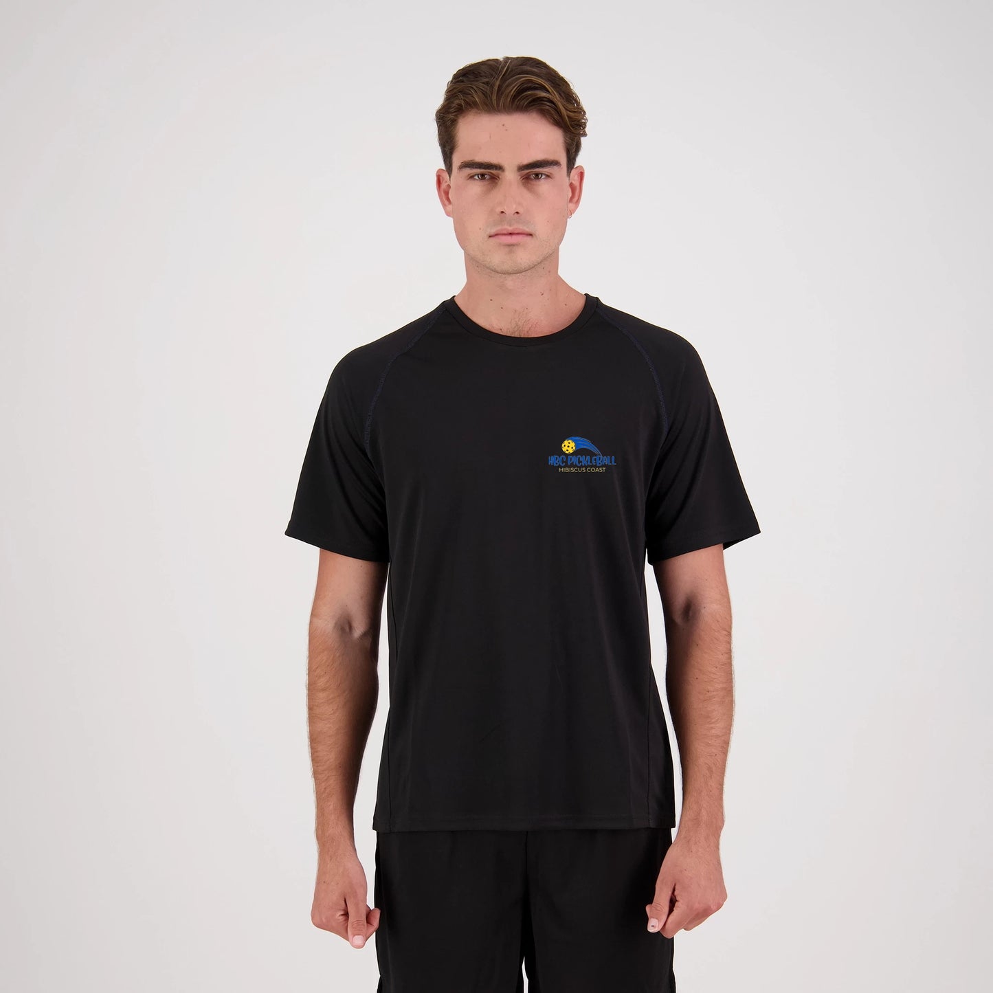 Hibiscus Coast Pickleball Outline Tee - Mens - Black with Small Coloured Logo