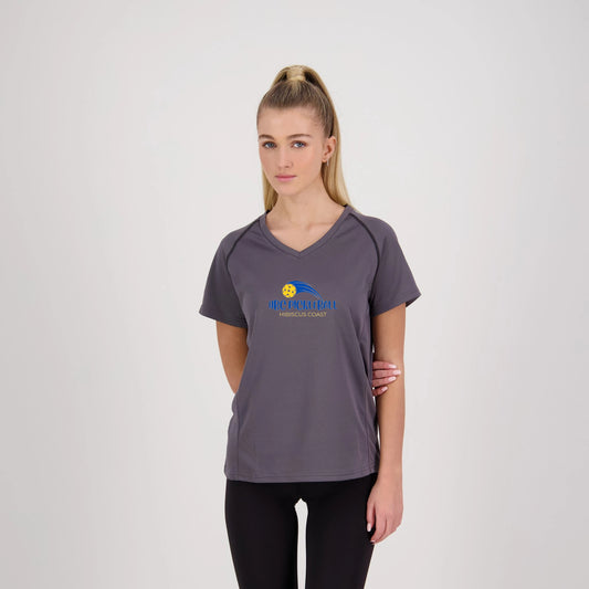 Hibiscus Coast Pickleball XT Performance Playing Shirt - Ladies - Dark Grey - With Large Coloured Logo