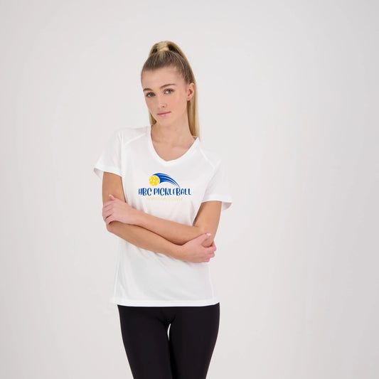 Hibiscus Coast Pickleball XT Performance Playing Shirt - Ladies - White - With Large Coloured Logo