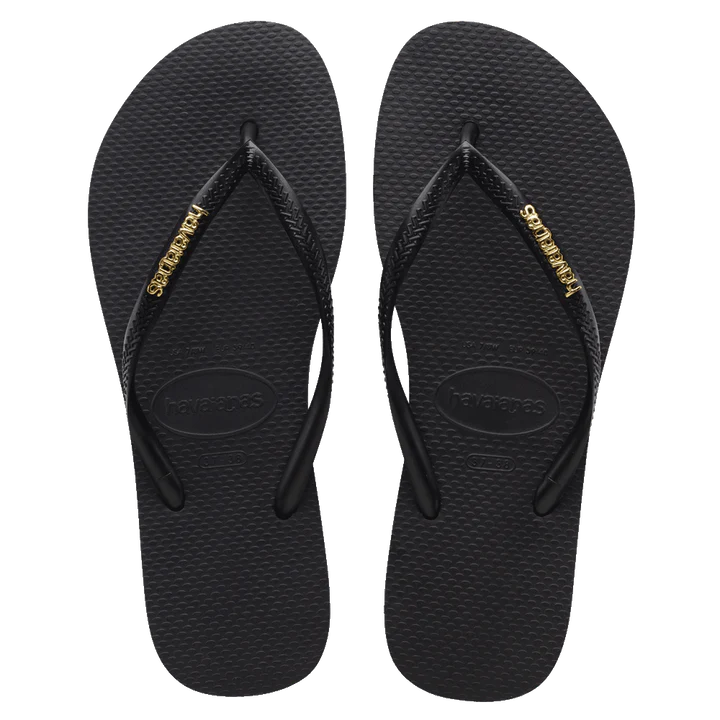 Havaianas Slim Logo Metallic Flip Flops - Ladies Black/Gold