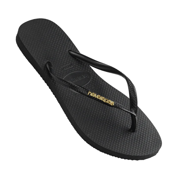 Havaianas Slim Logo Metallic Flip Flops - Ladies Black/Gold