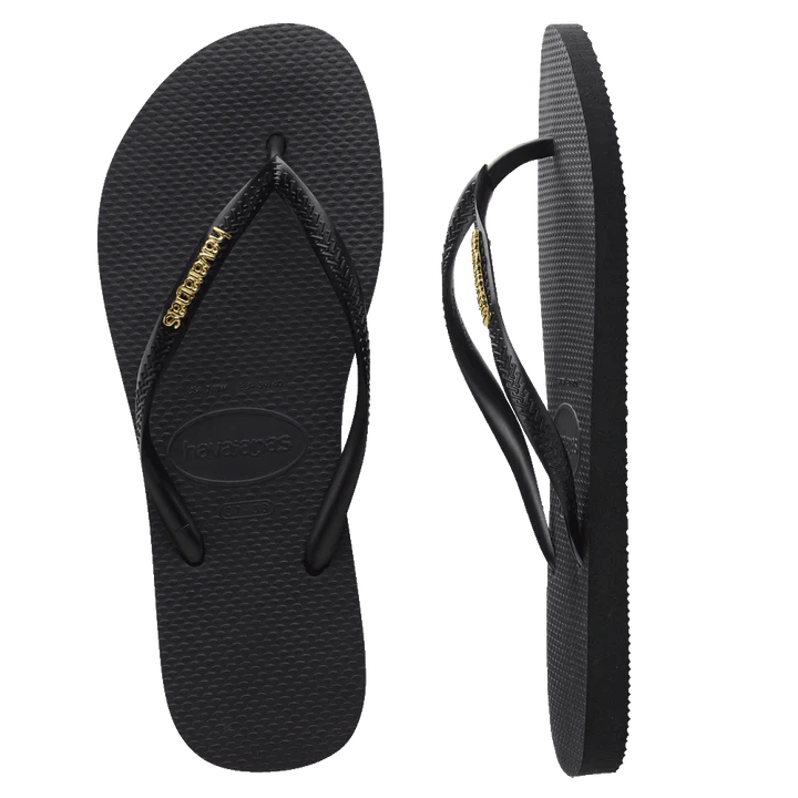 Havaianas Slim Logo Metallic Flip Flops - Ladies Black/Gold